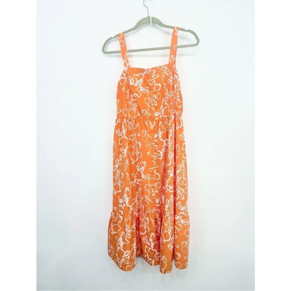 89th + Madison Orange White Abstract Floral Button Ruffle Hem Tank Sundress